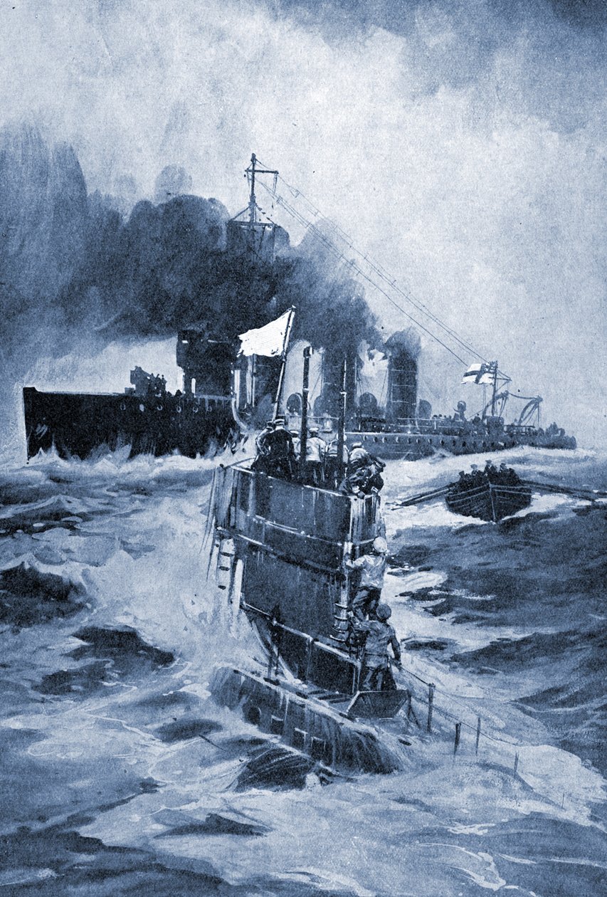 Den tyske ubåd U 18 overgiver sig efter at være blevet ramponeret, 1914. af Unknown