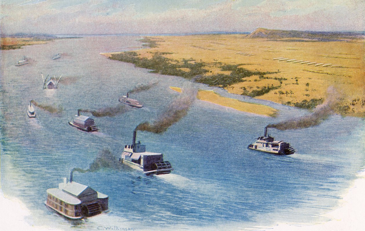 Den anglo-ægyptiske styrkes fremrykning mod Omdurman, Sudan langs Nilen i 1898 forud for slaget ved Omdurman. af Unknown