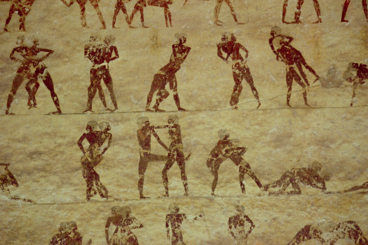 Wrestlere, detaljer fra et gravmaleri, egyptisk, Old to Middle Kingdom (malet kalksten) af Unknown