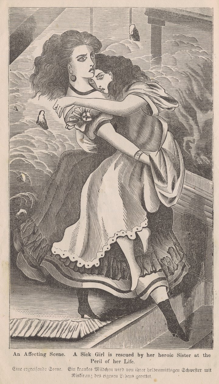 En påvirkende scene, Illustration af en kvinde, der redder sin søster under Chicago-branden i 1871, fra George L. Barclays bog, The Great Fire of Chicago, 1872 (trægravering) af American School