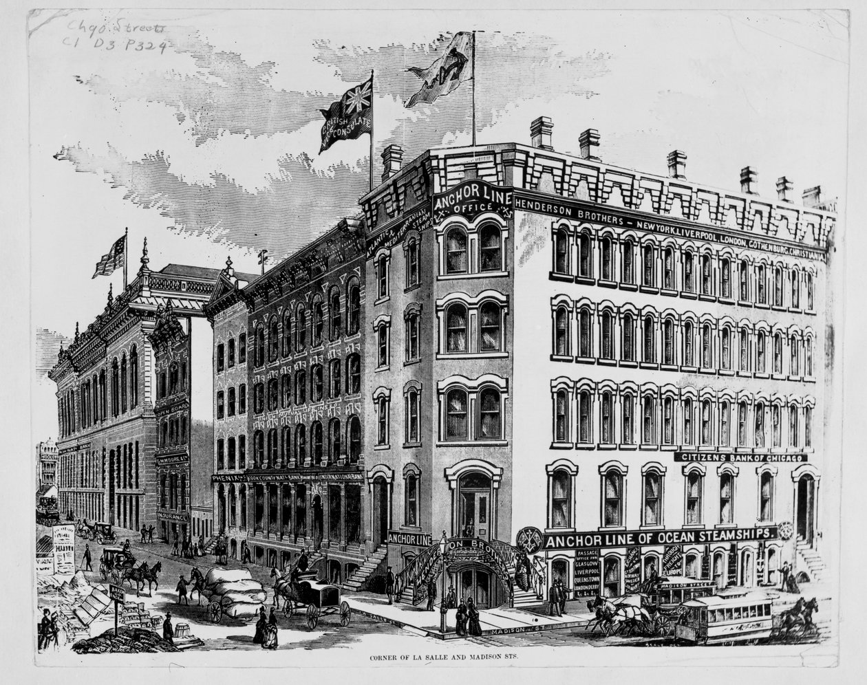 Anchor Line kontor på hjørnet af LaSalle og Madison Streets, Chicago, ca. 1875 (trægravering) af American School
