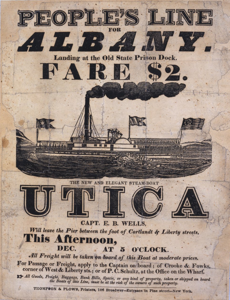 Bredsidereklamer Peoples Line for Albany, The New and Elegant Steamboat Utica (bogtryk bredside) af American School