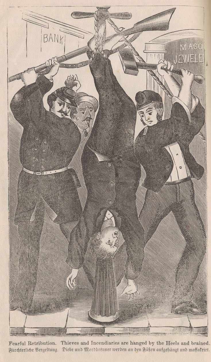 Frygtelig gengældelse, tyve og brandmænd bliver hængt af hælene og hjernen, fra The Great Fires of Chicago af George L. Barclay, 1872 af American School