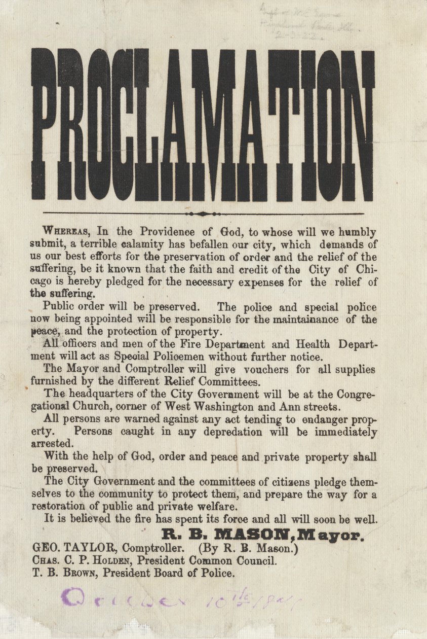 Første proklamation af Chicagos borgmester Roswell B. Mason vedrørende Chicago-branden, 1871 (avispapir) af American School