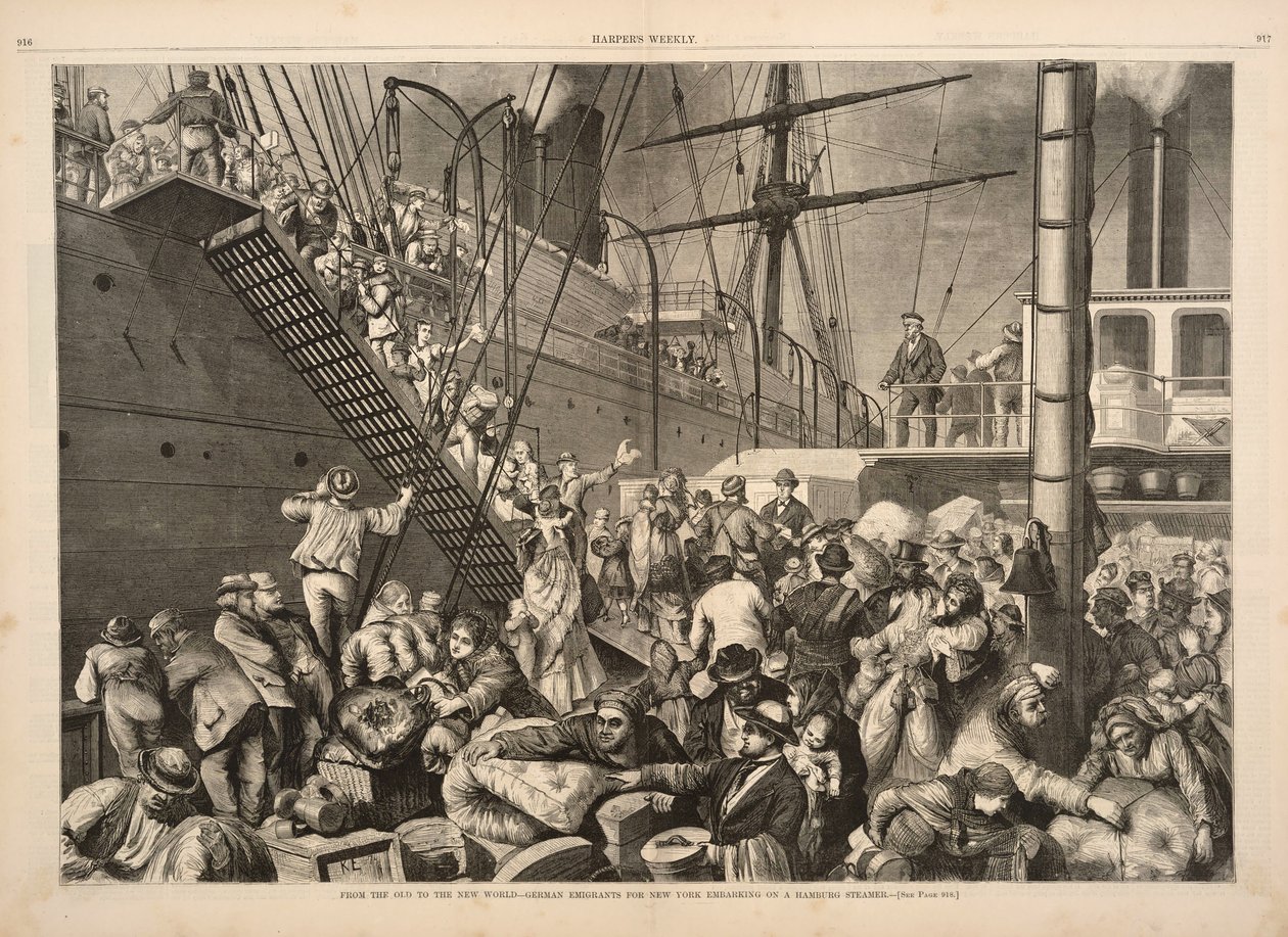 Fra den gamle til den nye verden-tyske emigranter til New York, der går om bord på en Hamborg-damper, fra Harpers Weekly, pub.1874 af American School