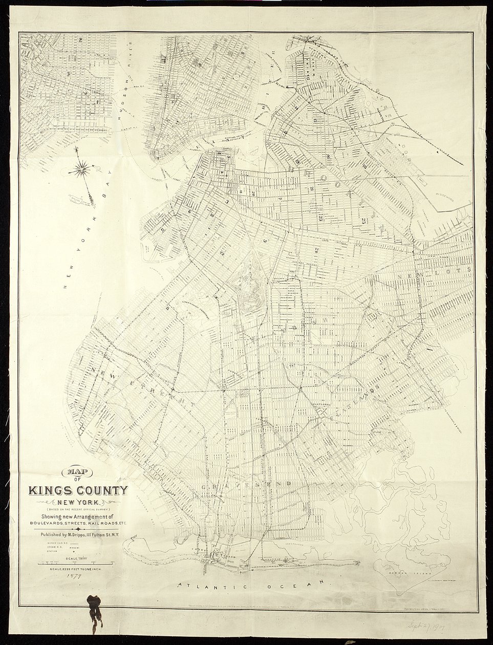 Kort over Kings County, New York, 1879, 1879 (sort blæk på papir, bakket med stof) af American School