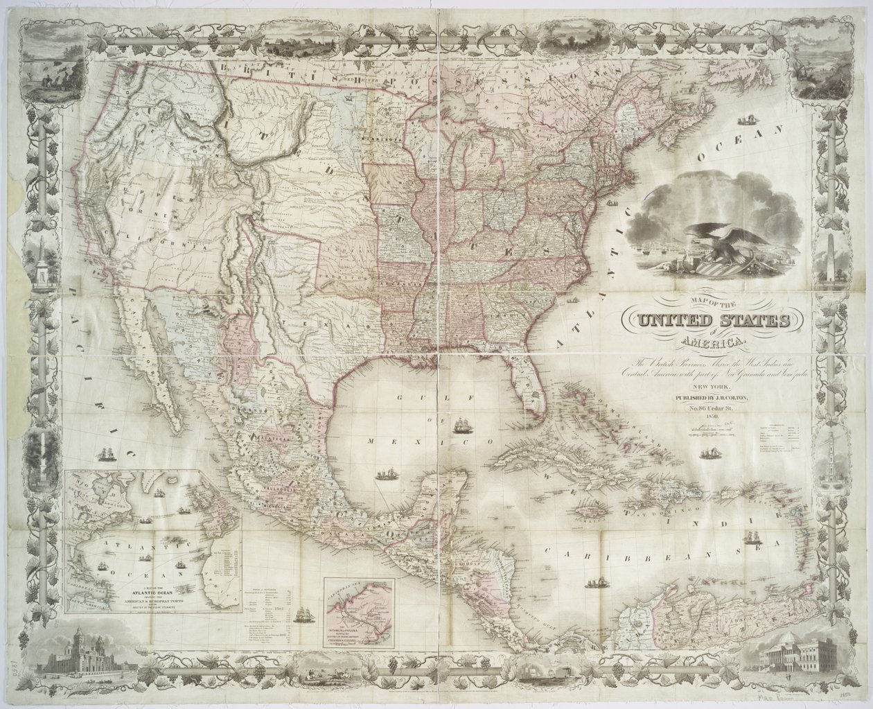 Kort over USA, britiske provinser, Mexico, Vestindien og Mellemamerika, 1850 (håndfarvet print) af American School