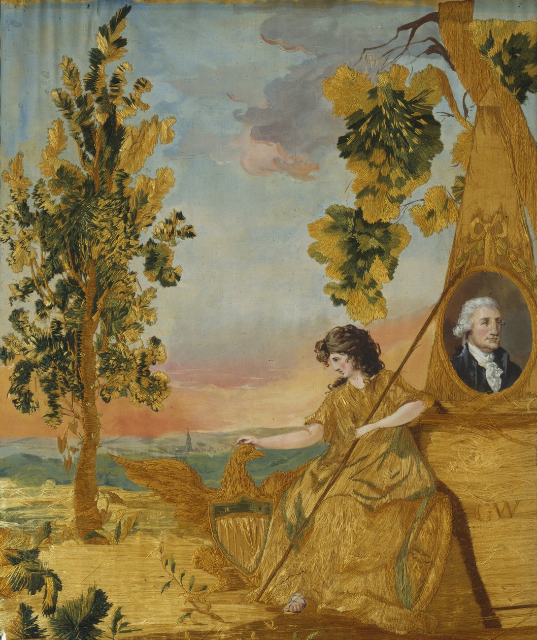 Broderet mindebillede, ca. 1805-1815 (silke, linned og gouache) af American School