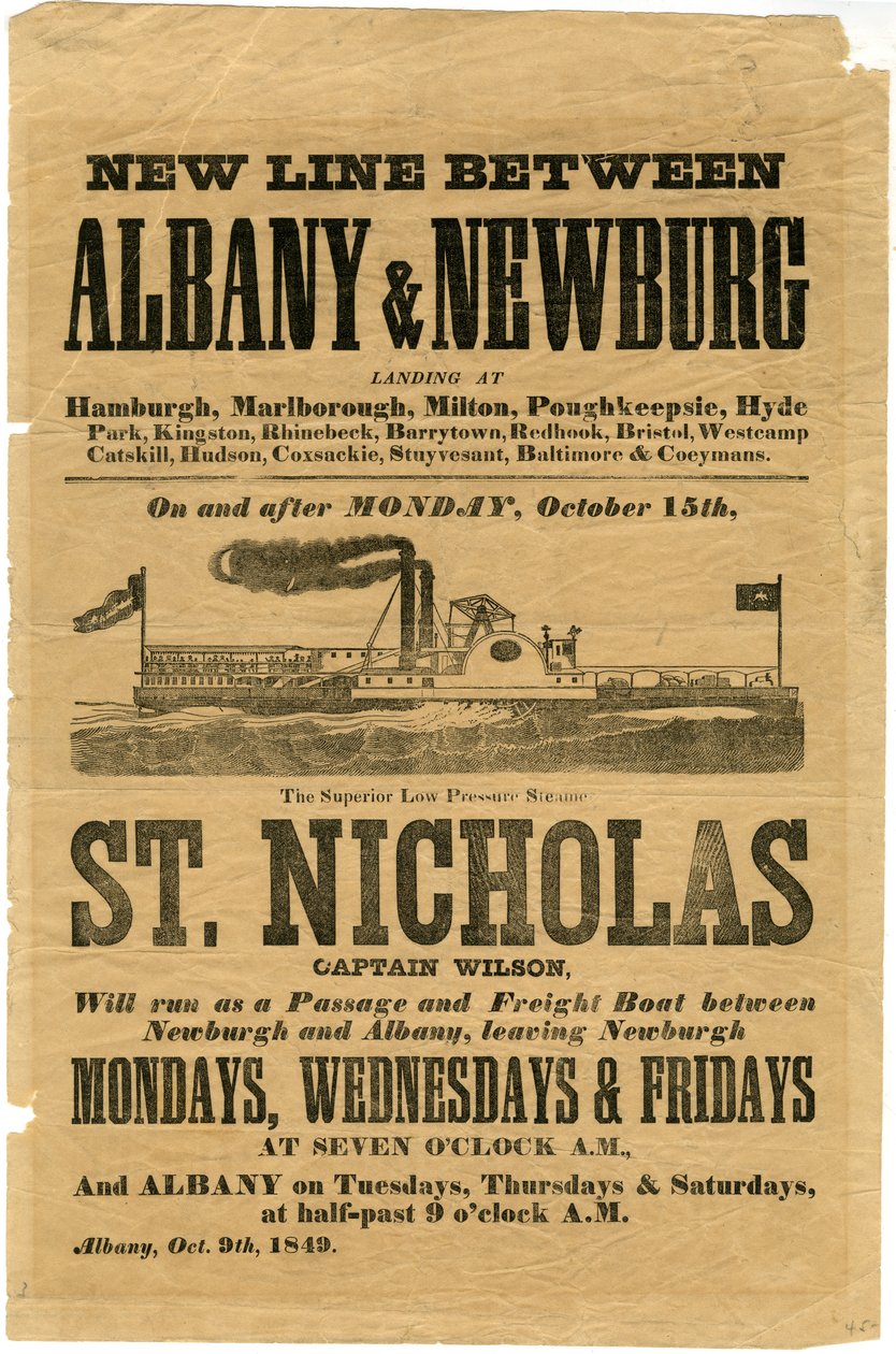 Ny linje mellem Albany og Newburg... Den overlegne lavtryksdampskibet St. Nicholas, 1849 (trægravering) af American School