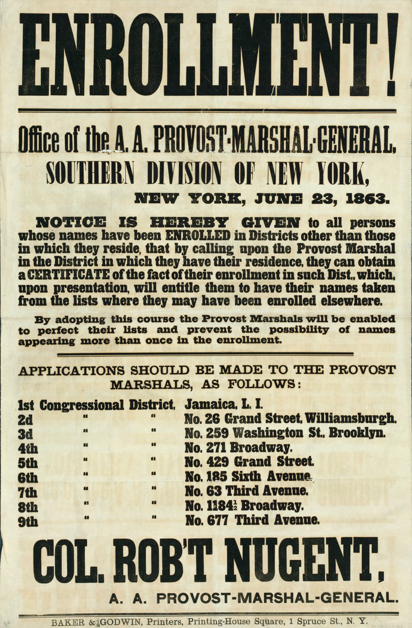 Rekrutteringsplakat for Southern Division of New York, 23. juni 1863 af American School