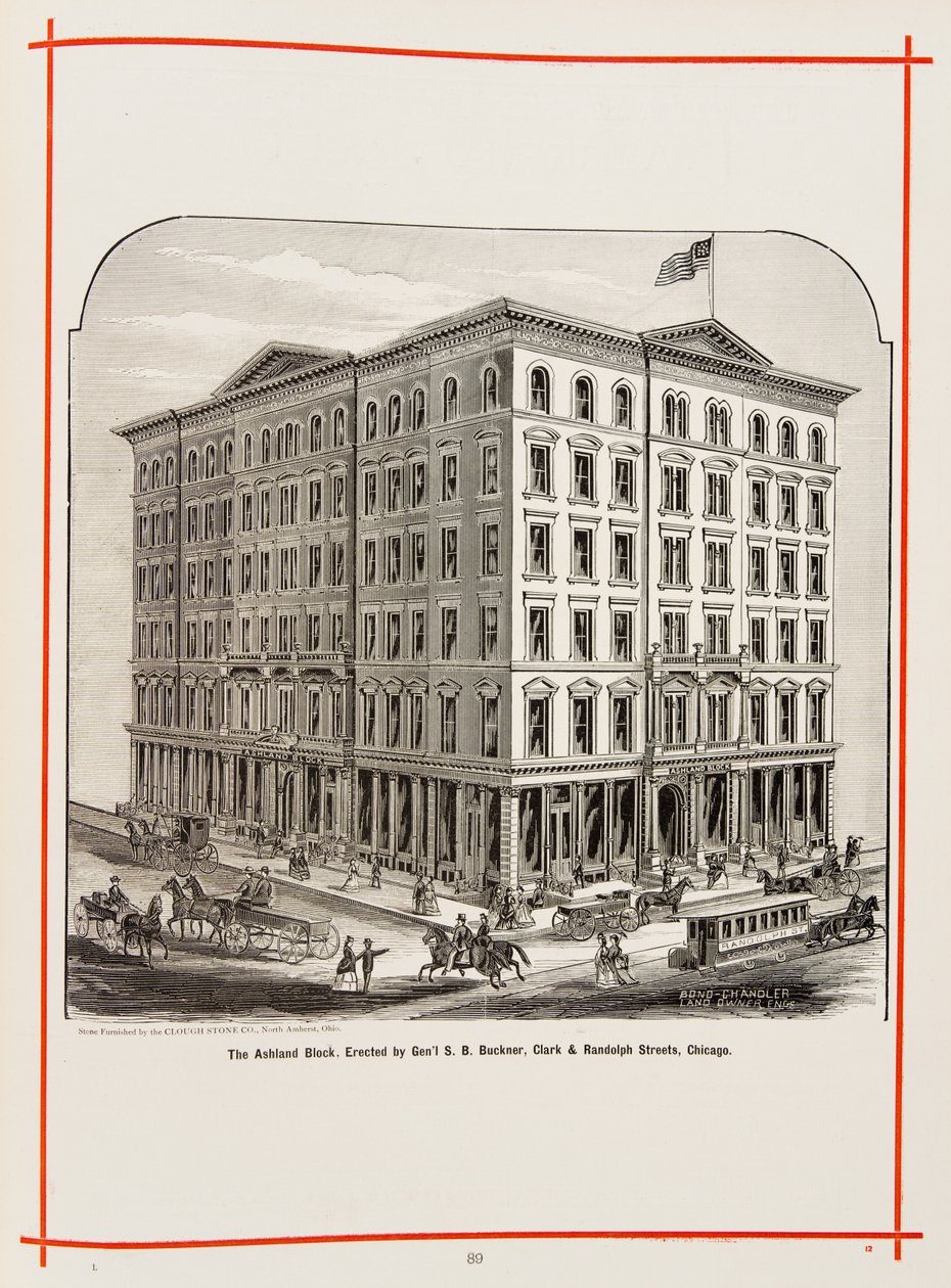 The Ashland Block at Clark and Randolph Streets, Chicago, Illustration i The Merchants and Manufacturers of Chicago Illustrated, 1873 af American School