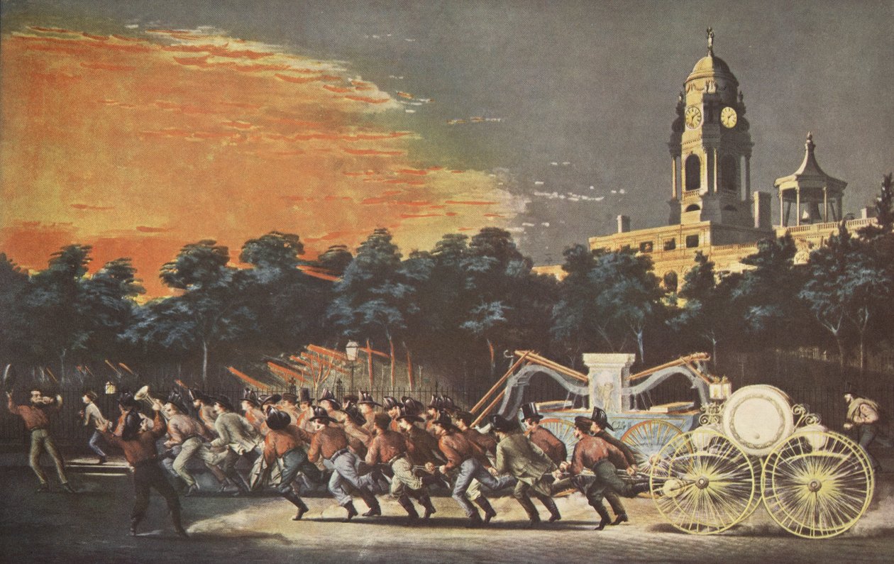 The Life of a Fireman - The Race, udg. 1854, Currier & Ives af American School