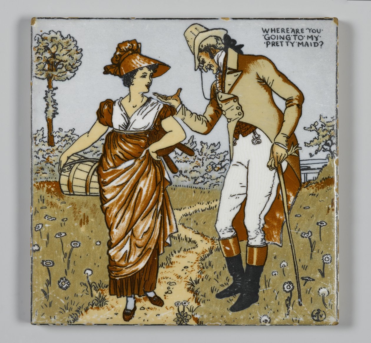 Flise lavet af Walter T. Crane Wheeling Pottery Company, Wheeling, West Virginia, ca. 1890 (transfertrykt polykrom, glaseret fajance) af American School