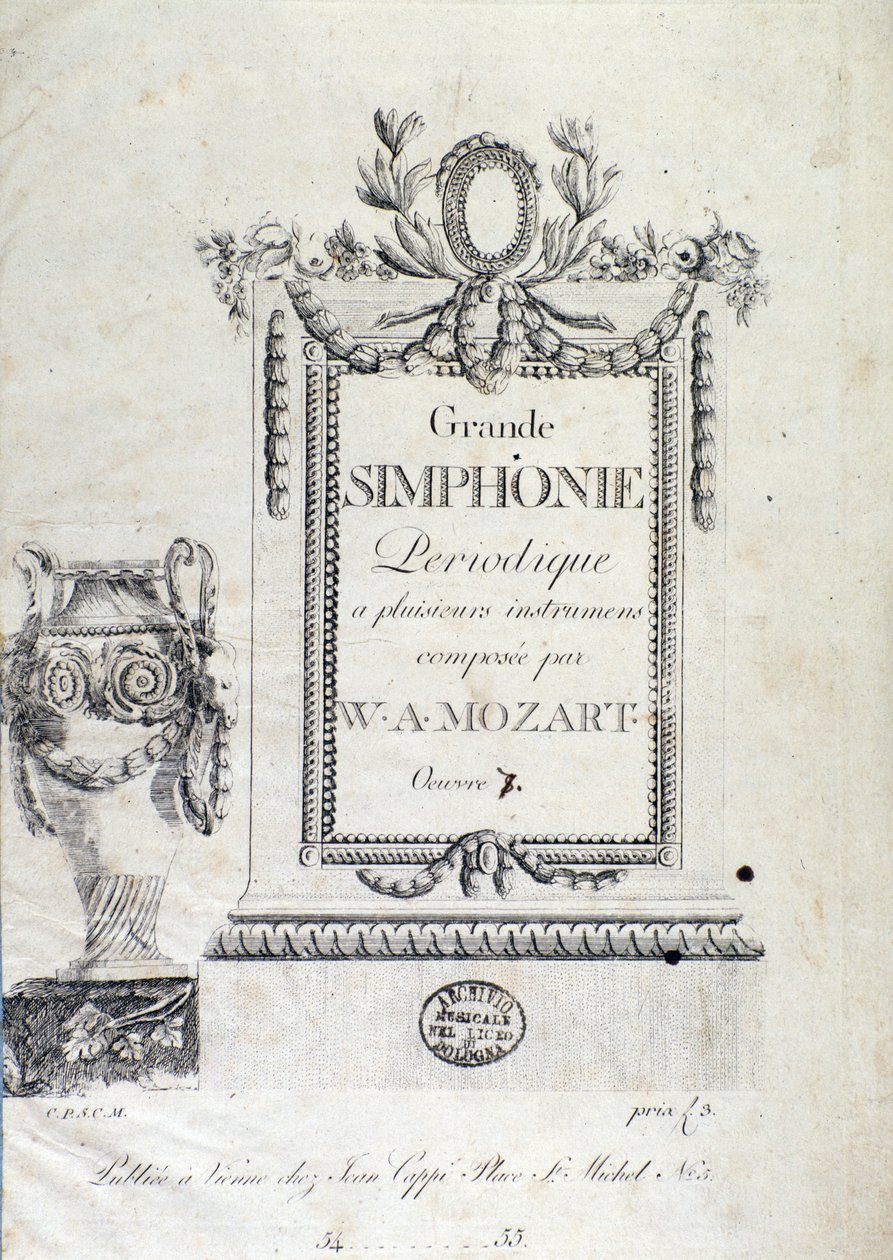 Frontispice til symfoni N. 7 af den østrigske komponist Wolfgang Amadeus Mozart (1756-1791). af Austrian School
