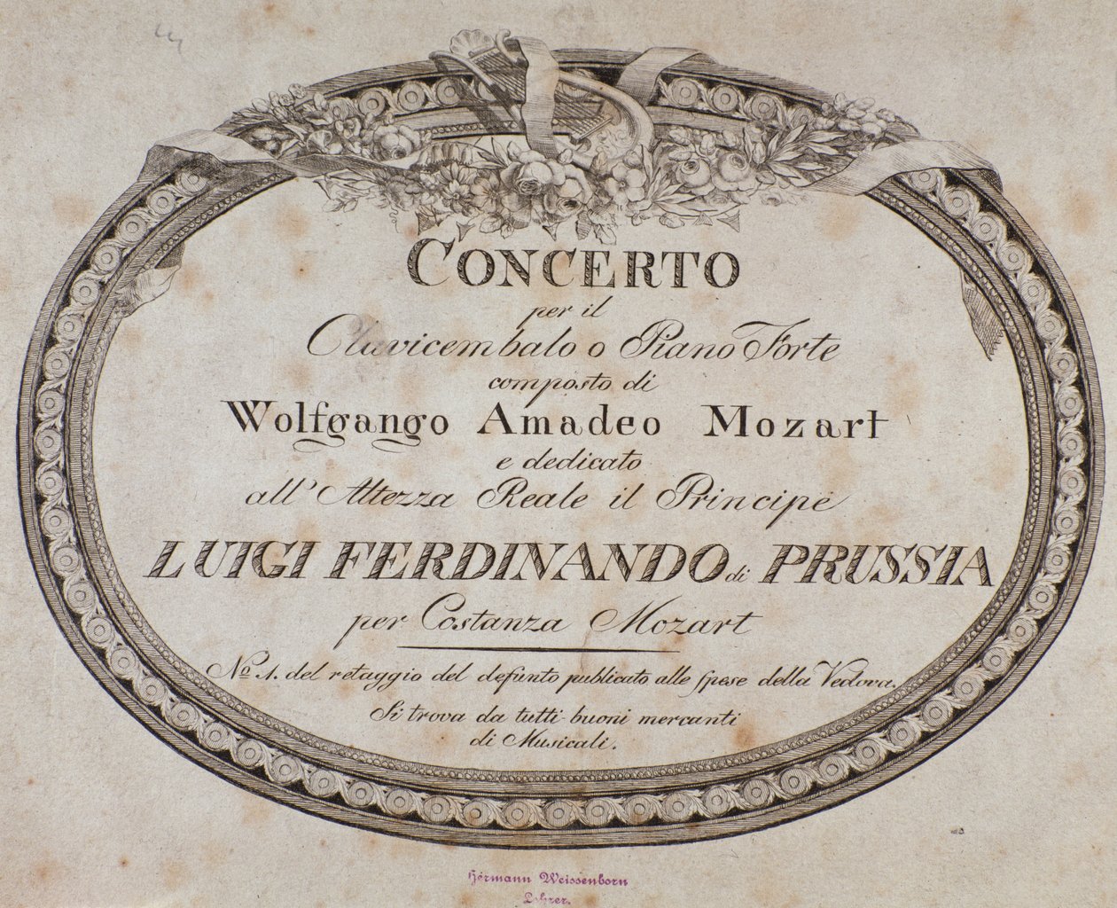 Frontispice af partitur af koncert for klaver og cembalo af den østrigske komponist Wolfgang Amadeus Mozart (1756-1791). af Austrian School