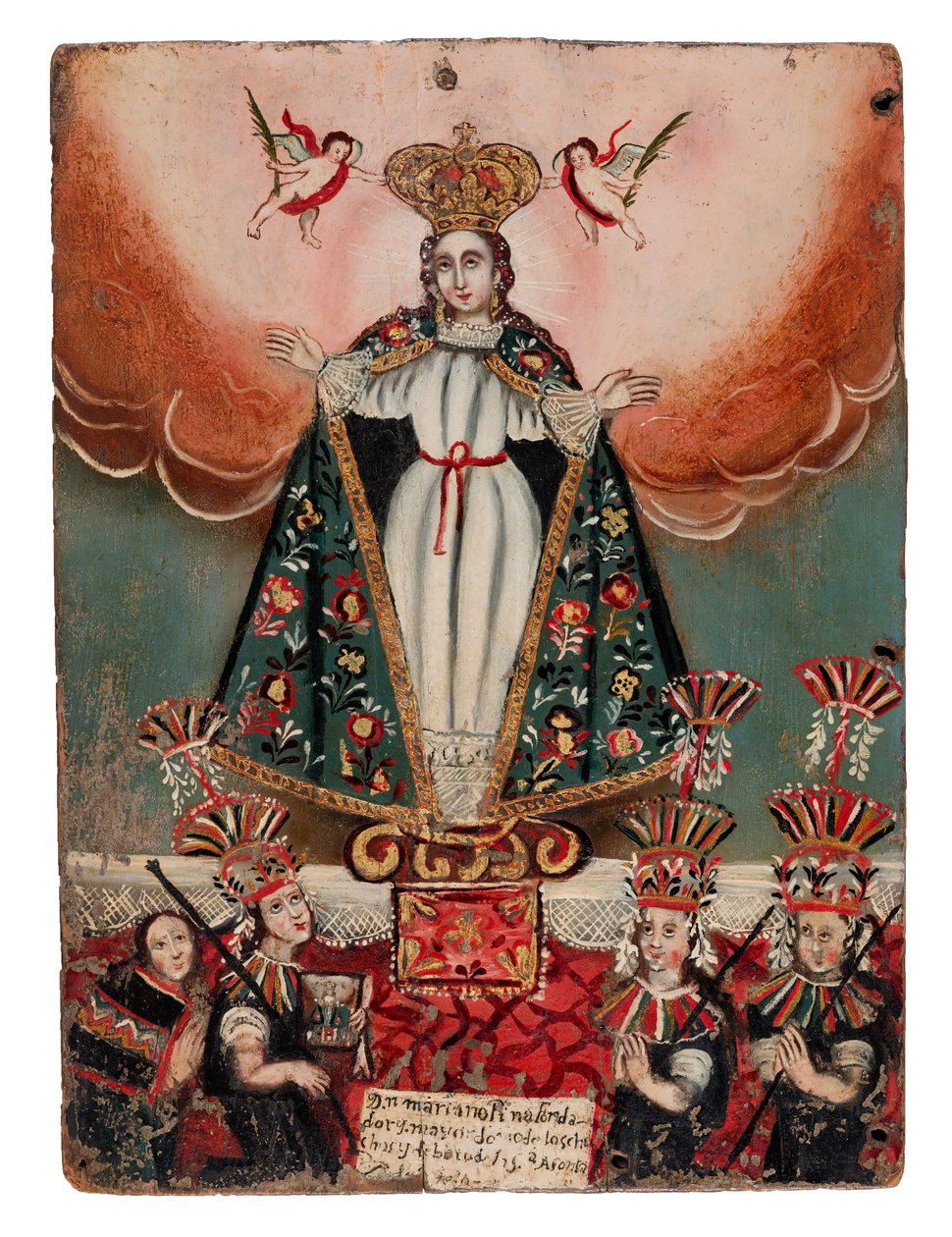 Jomfru Maria med indiske donorer, 1752 (olie på træpanel) af Bolivian School