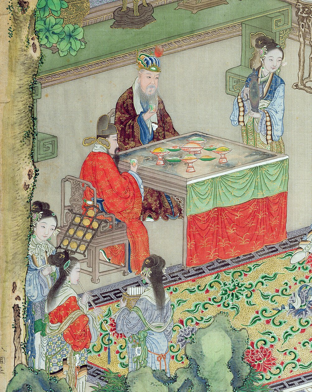 En kinesisk mandarin bliver underholdt (farve på silke) (detaljer fra 176863) af Chinese School
