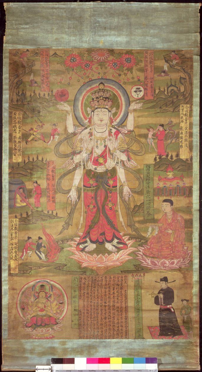 Banner, der repræsenterer den elleve-hovedede Guanyin, der står i et landskab, Northern Sung-periode, 985 (blæk og farve på silke) af Chinese School