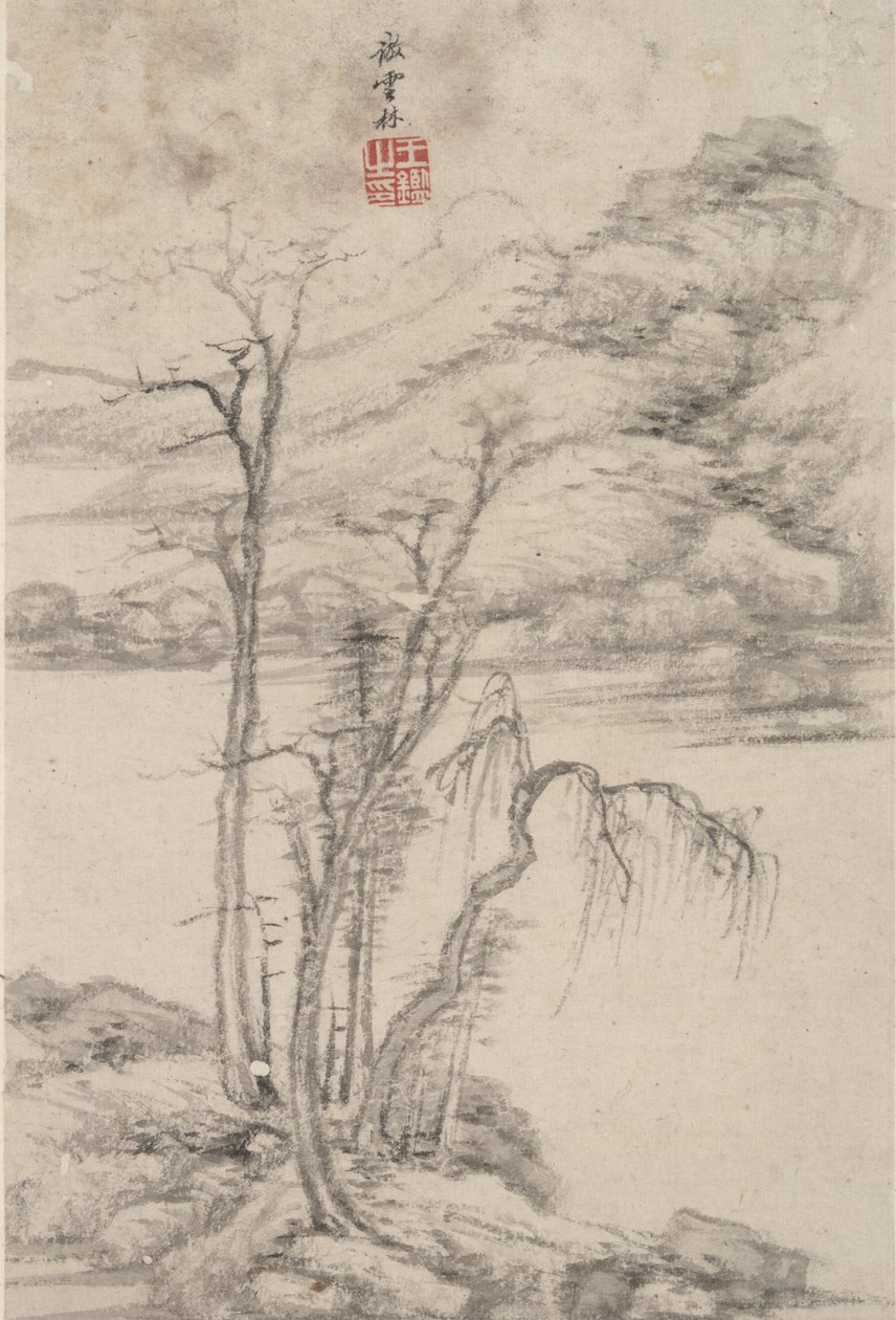 Landskab i stil med forskellige gamle mestre: I stil med Ni Zan, 1669 (blæk og farve på papir) af Chinese School