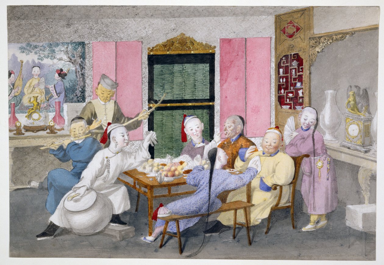 Mandarin bliver underholdt af musikere ca. 1860 (wc på papir) af Chinese School