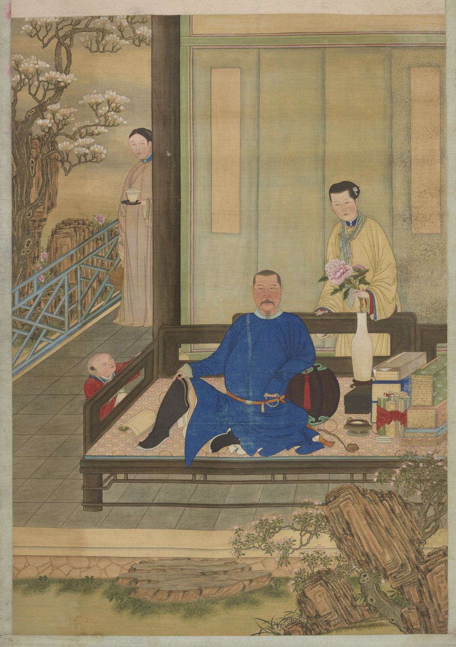 Portræt af en uidentificeret mand og hans søn, Qing-dynastiet (blæk og farve på silke) af Chinese School