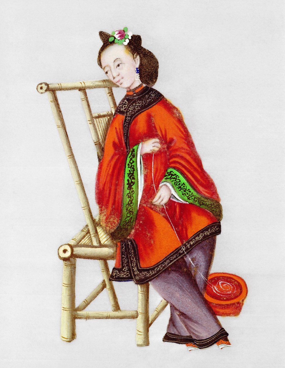 Kvinde, der spinder, Qianlong-perioden (1736-96) af Chinese School