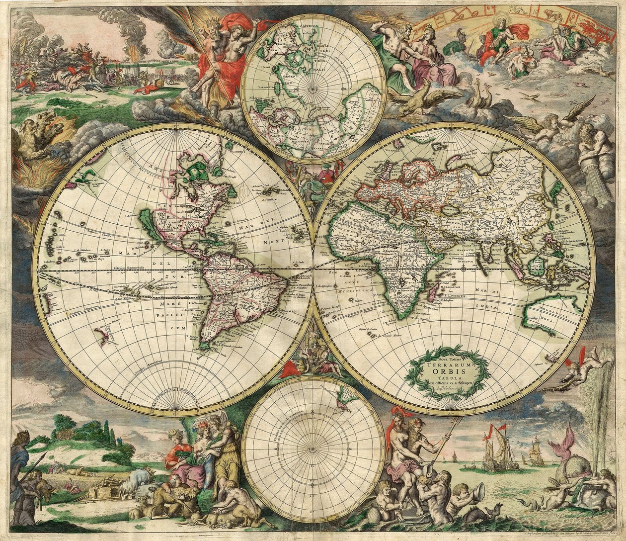 Terrarum Orbis Tabula efter G. a Schagen. Pub. C. 1689 (håndfarvet gravering) af Dutch School