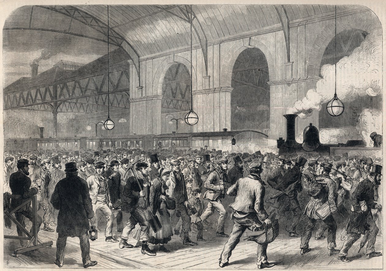 Ankomst af arbejdernes penny-tog på Victoria Station i London. af English School
