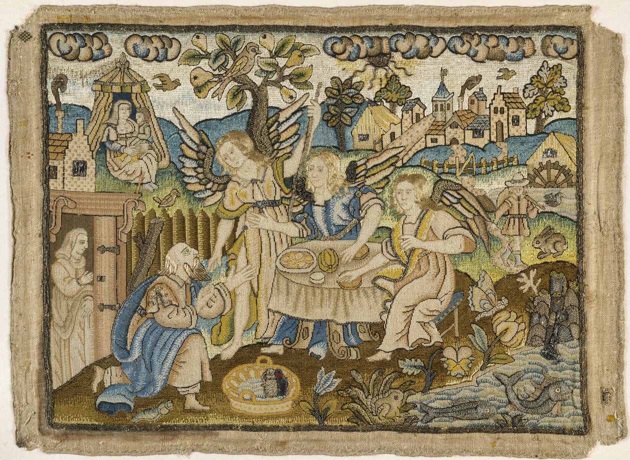 Broderet billede: Abraham underholder englene, 2. halvdel af det 17. århundrede (silke- og metaltråde på linned) af English School