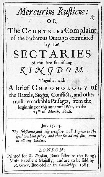 Forside fra Mercurius Rusticus, udgivet i 1685 af English School
