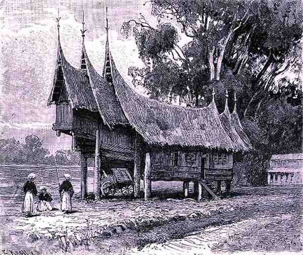 Hus i Central Sumatra, graveret af E. Krell, fra The History of Mankind, bind 1, af Prof. Friedrich Ratzel, 1896 af English School