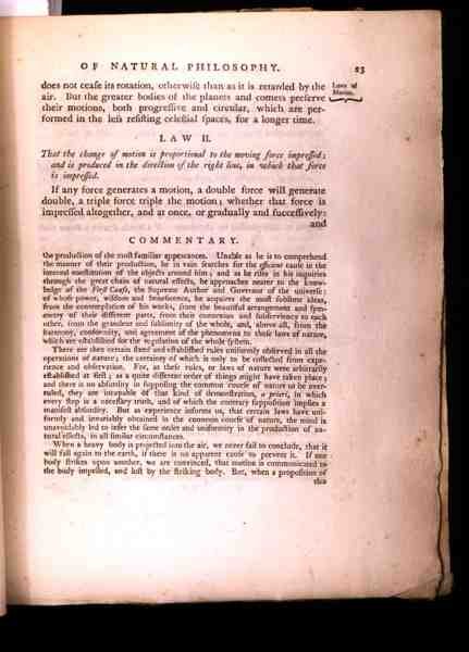 Lov II, fra bind I af The Mathematical Principles of Natural Philosophy af Sir Isaac Newton (1642-1727) 1777 (se 136314) af English School