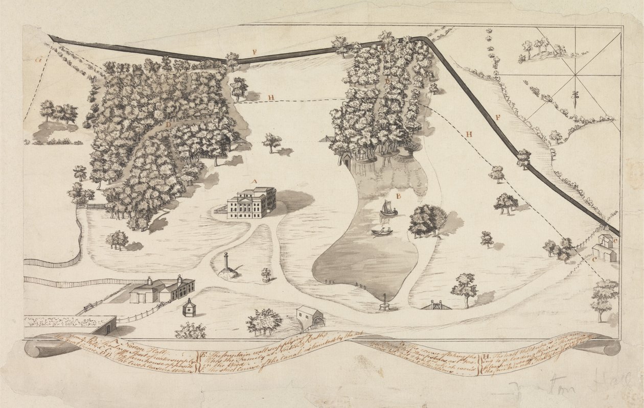 Plan over parken ved Norton Hall, Norton Priory, ca. 1750-60 (pen og sort blæk og grå vask på papir) af English School