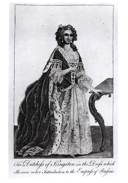 Hertuginden af Kingston (1720-88) i den kjole, hun bar på sin introduktion til kejserinden af Rusland af English School
