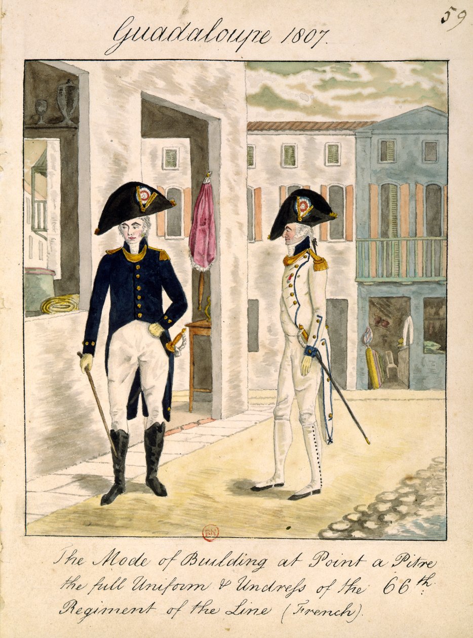Uniformer fra 66. linieregiment i Pointe a Pitre, Guadeloupe i 1807 (wc på papir) af English School
