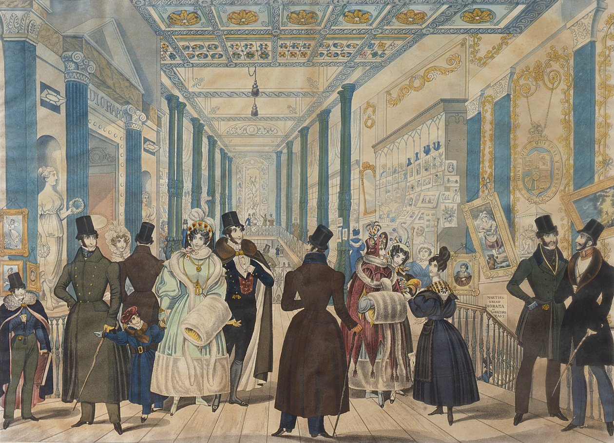 Udsigt i Queens Bazaar, London - Vintermode fra november 1833 til april 1834, udgivet af B.Read & Co., 1833 (akvatint på papir) af English School