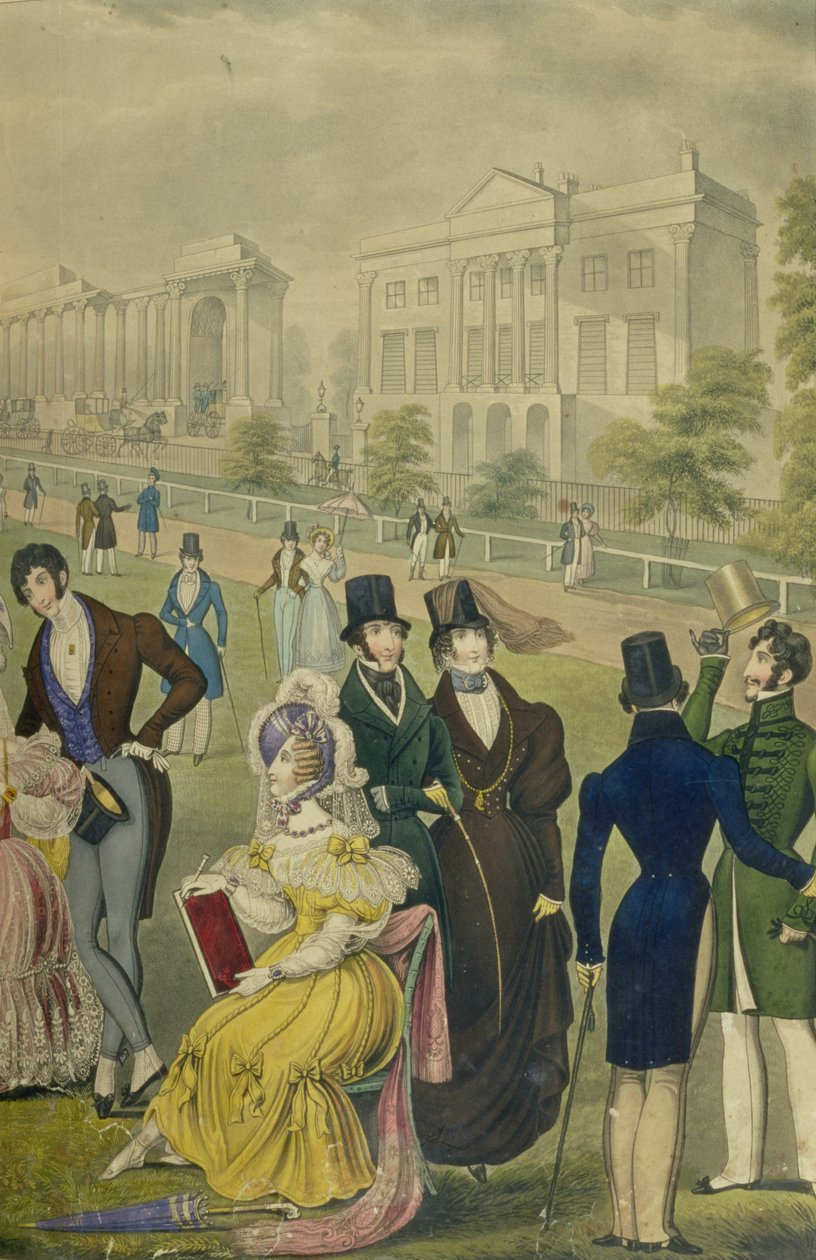 Udsigt over Green Park, London, der viser tidens mode, detalje fra højre side, ca. 1830 (se også 122098) af English School