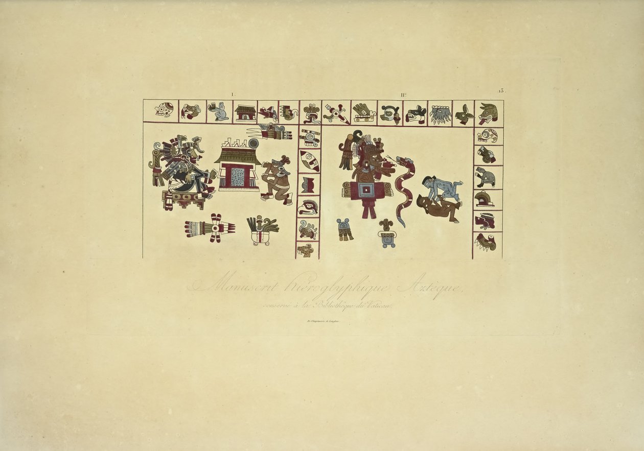 Aztekisk hieroglyfisk manuskript bevaret på Vatikanets bibliotek, illustration fra Views of the Cordilleras and Monuments of the Indigenous Peoples of America af Alexander von Humboldt og Aime Bonpland, 1813 af French School