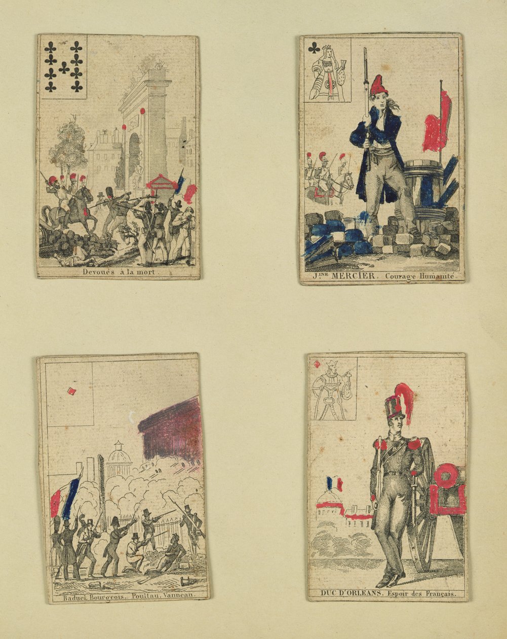 Fire spillekort til minde om heltene fra juli 1830, 1831 af French School