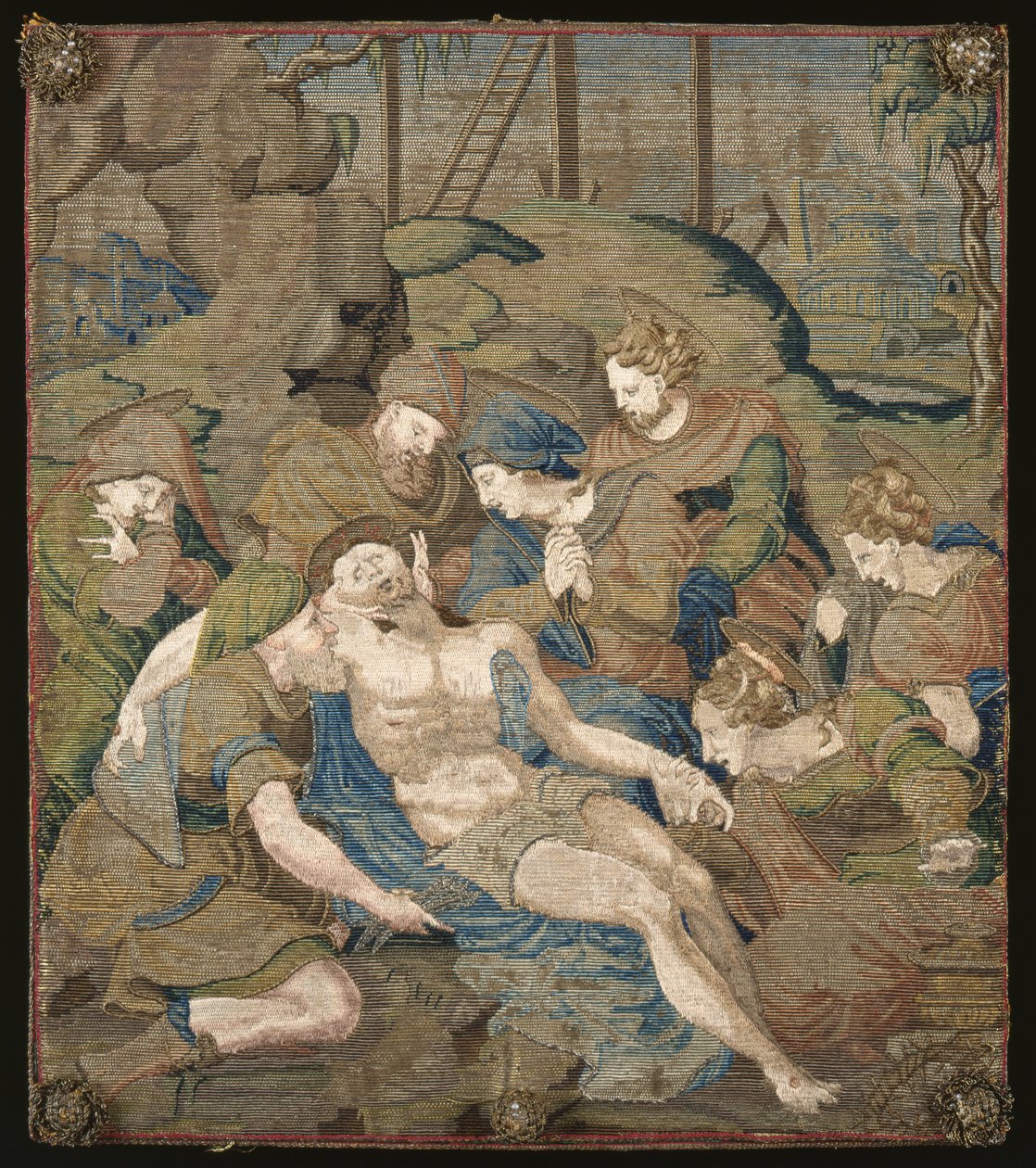 Låg på en kiste, der viser aflejringen fra korset (uld og silke) (se også 417035) af French School