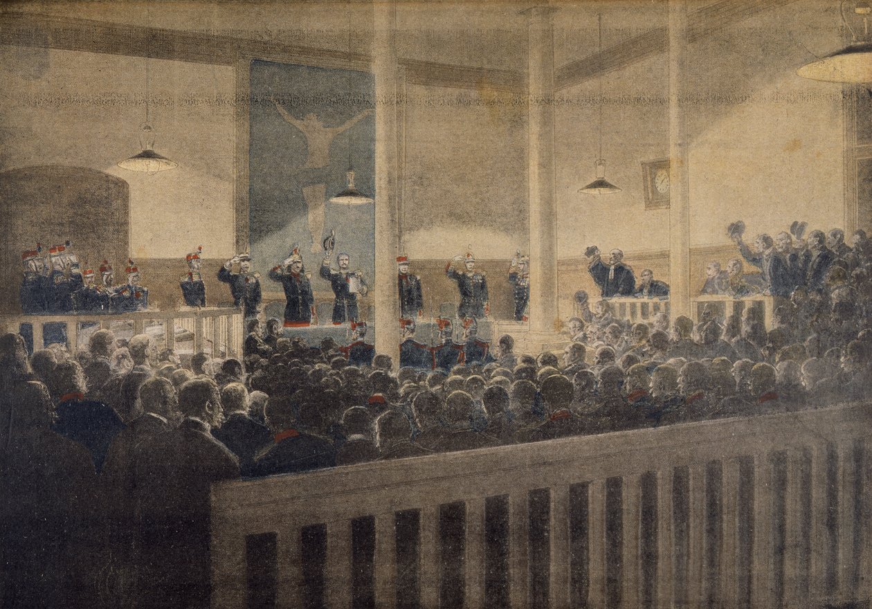 Major Esterhazy stillet til krigsret, læser afgørelsen, illustration fra det illustrerede supplement til Le Petit Journal, 23. januar, 1898 af French School