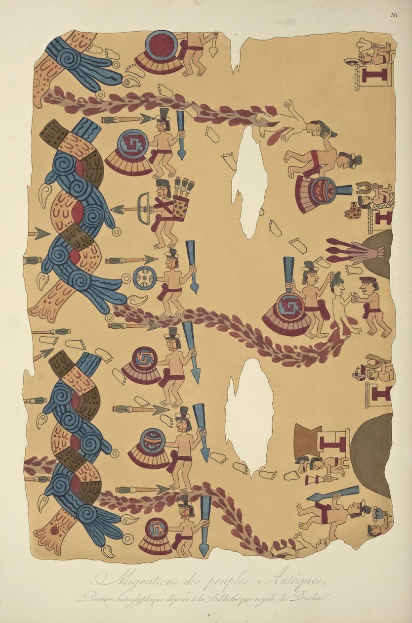 Migration of the Aztec Peoples, hieroglyfisk maleri bevaret på Det Kongelige Bibliotek, Berlin, illustration fra Views of the Cordilleras and Monuments of the Indigenous Peoples of America af Alexander von Hum af French School