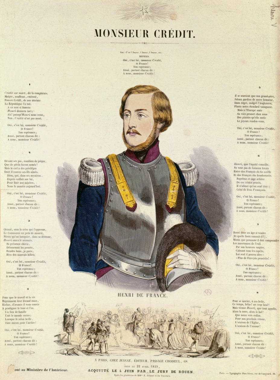 Monsieur Credit, fransk royalistisk propaganda, der roser Henri Charles Ferdinand Marie Dieudonne af Frankrig, hertug af Bordeaux, greve af Chambord af French School