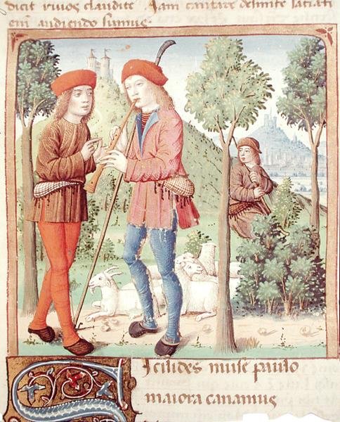 Ms 493 fol.8r A Meeting between Shepherds, fra Les Bucoliques af Virgil med kommentarer af Servius, 1469 af French School
