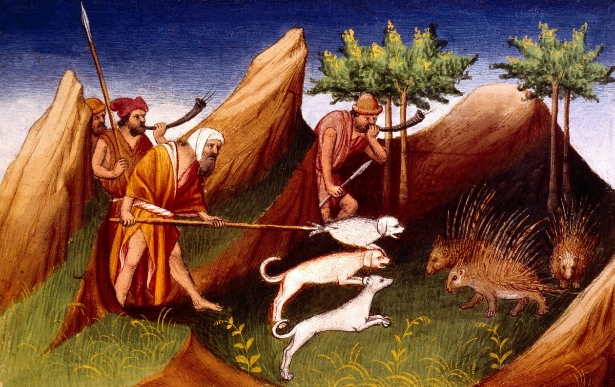 Fr 2810 f.18, Pindsvinsjagt i Badakhehan, fra Book of Wonders of the World, c.1410-12 (tempera på vellum) af French School