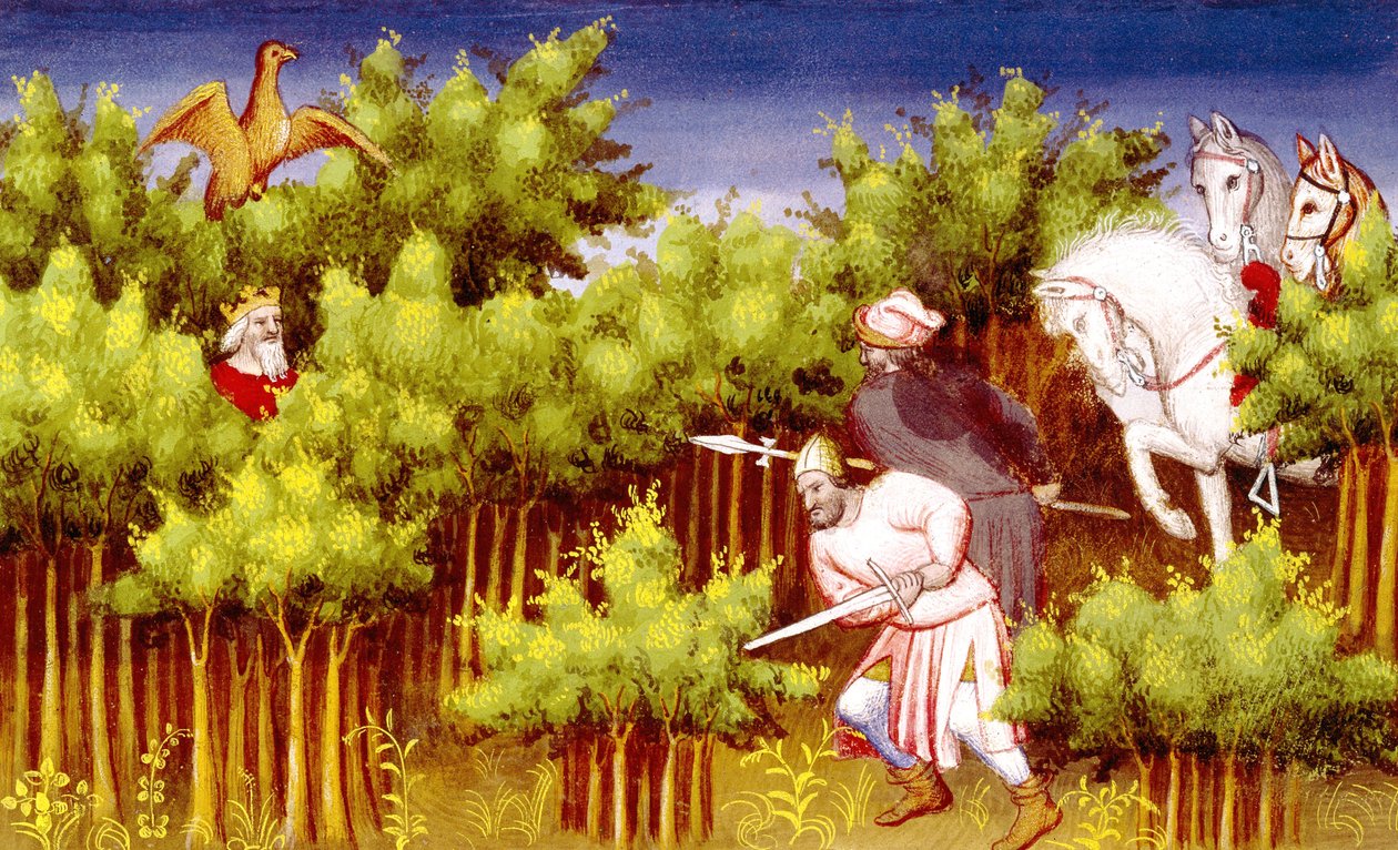 Fr 2810 f.200v, Genghis Khan undslipper sine fjender ved at gemme sig i buskene, fra Livre des Merveilles du Monde, ca. 1410-12 (tempera på vellum) af French School