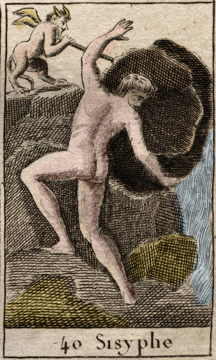 Sisyfos, illustration fra Mythology of Youth, 1803 af French School