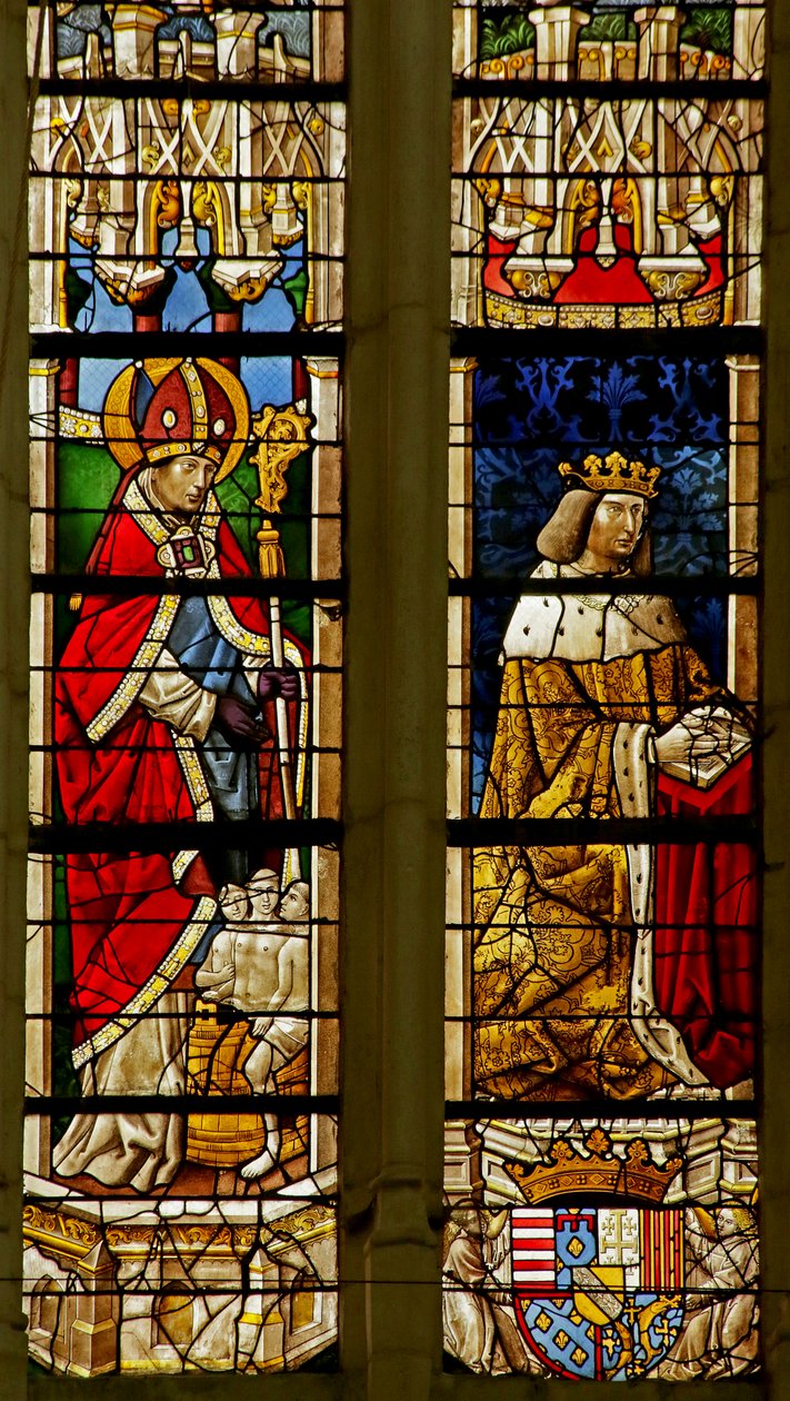 Vindue, der forestiller Sankt Nikolaus og donor René II af French School