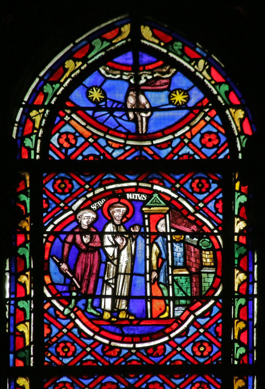 Vindue, der viser scene fra Saint Bonnets liv: Sainy efterlader sine varer ved døren og modtager munkenes vane fra abbéen af French School