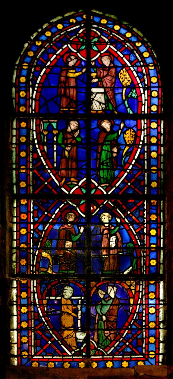 Vindue, der viser scene fra Saint Germains liv: Helgenen og hans fætter Saintratide forlader skolen af French School
